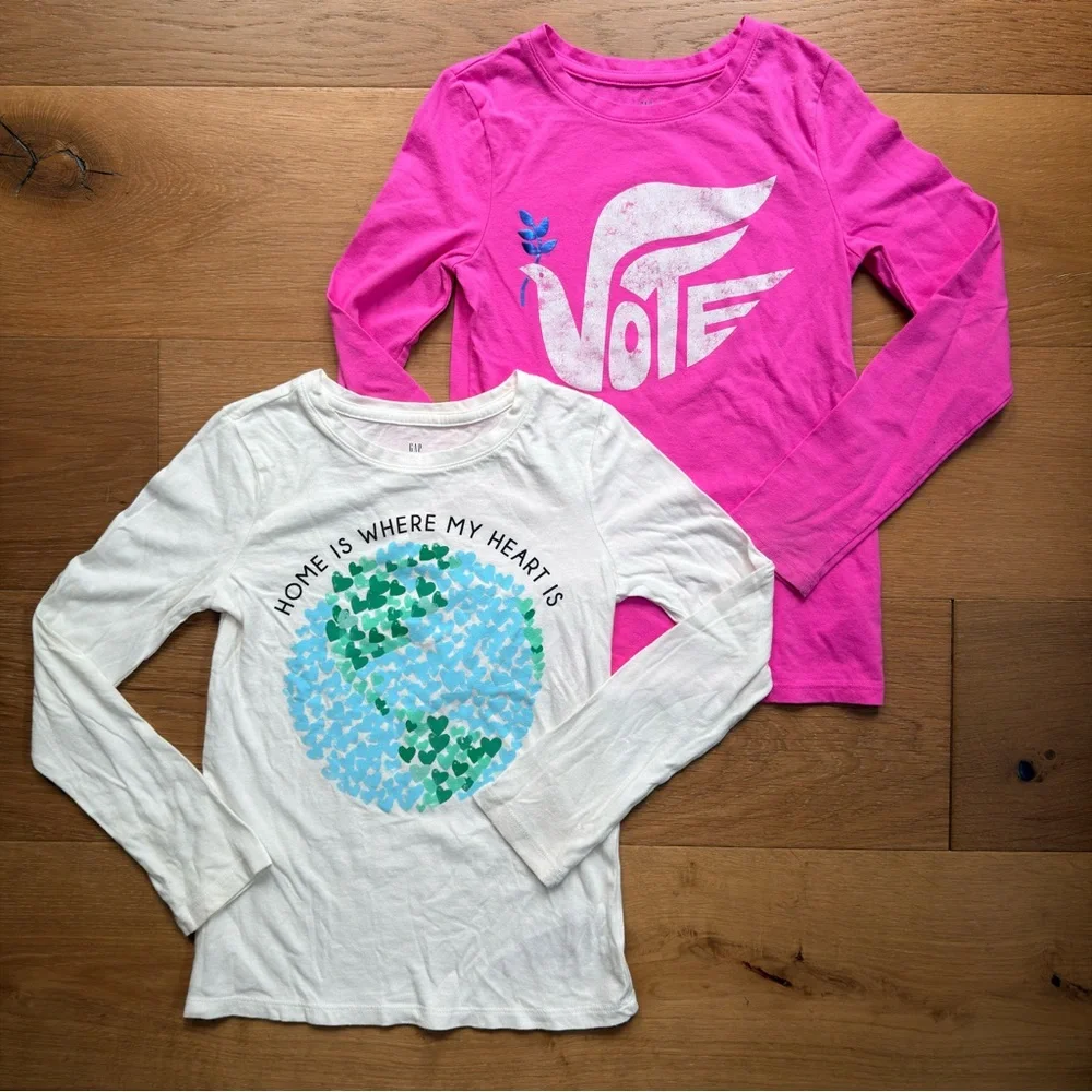 Gap Girls BUNDLE T-Shirts Earth Day VOTE Long Sleeve Pink White EUC Medium 8/10